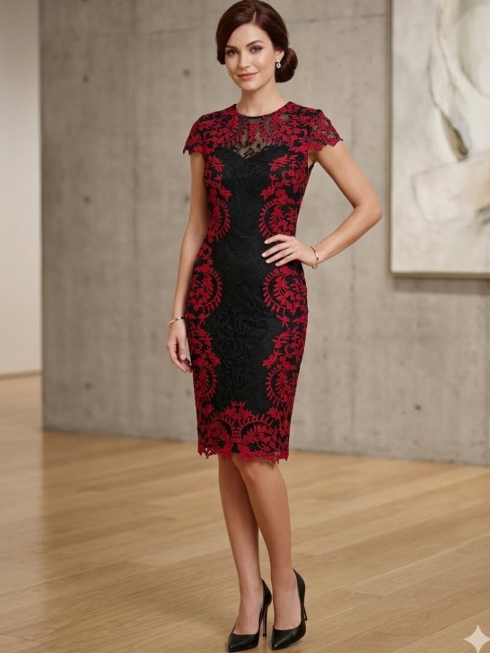 Tadashi Shoji Black and Red Lace Sheath Midi Dress